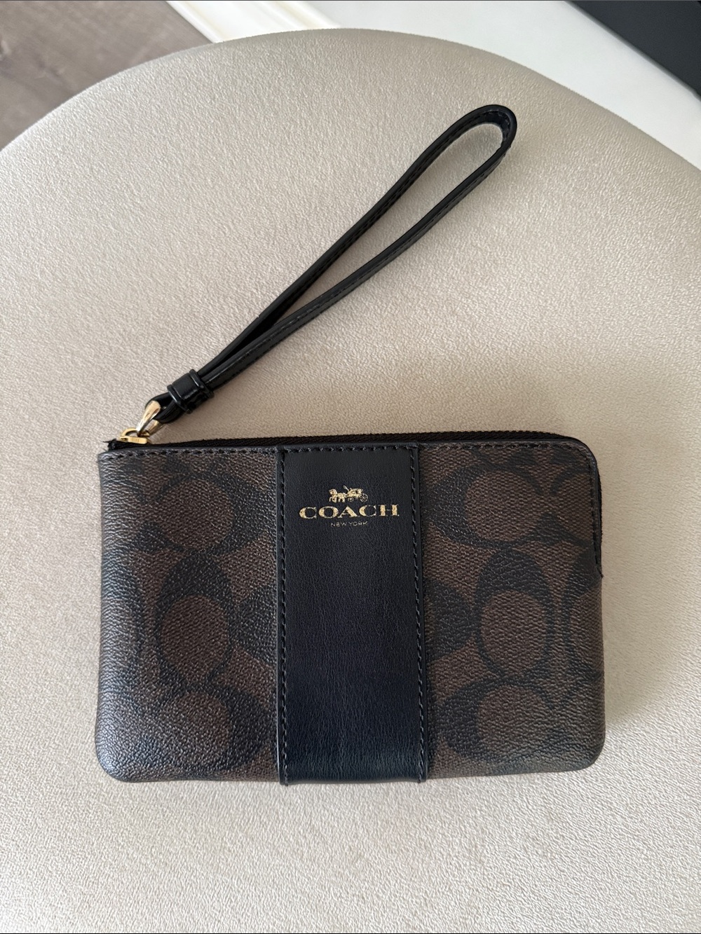Coach Brown and Black Signature Zip Wristlet with Gold Logo